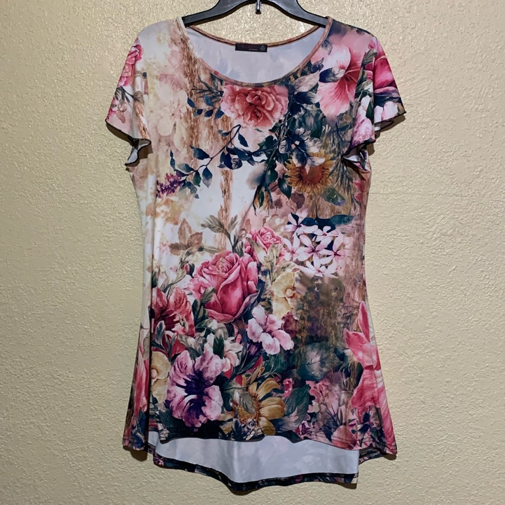 Azalea by Firmiana Top Blouse M Cream Pink Green Floral Stretchy Polyester